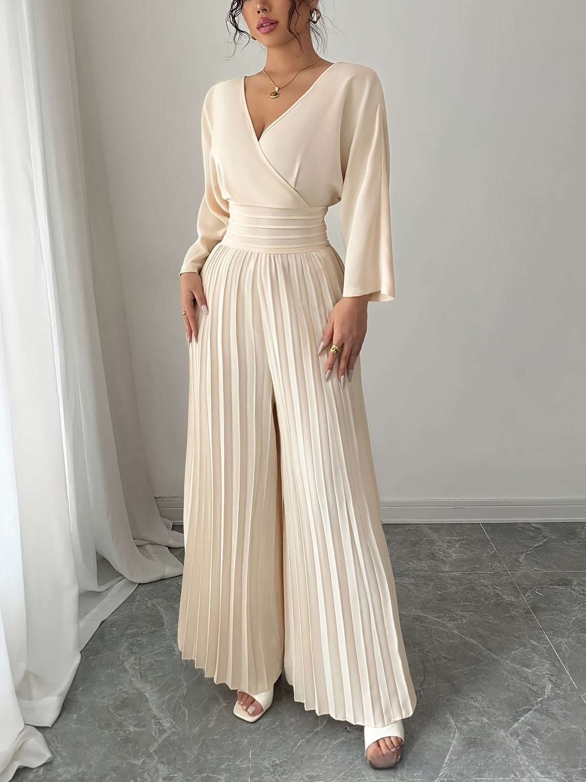 Elegant V-Neck High-Waisted Pleated Jumpsuit