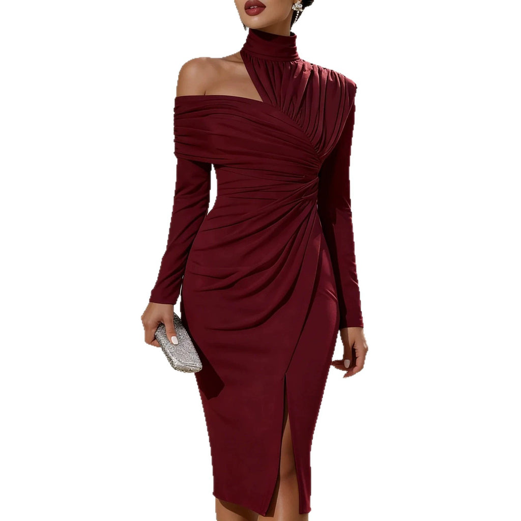 Elegant Ruched Slit Long Sleeve Dress