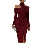 Elegant Ruched Slit Long Sleeve Dress