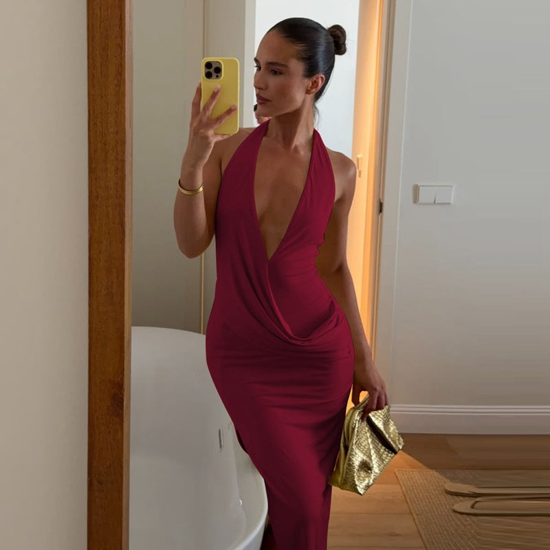 Halter Neck Deep V Backless Dress