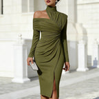 Elegant Ruched Slit Long Sleeve Dress