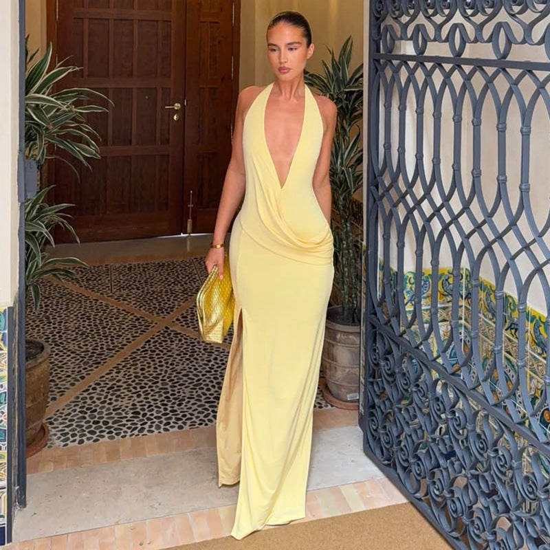Halter Neck Deep V Backless Dress