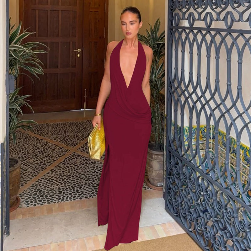Halter Neck Deep V Backless Dress