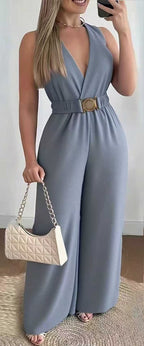 Womens Deep V-Neck Sleeveless Wide-Leg Jumpsuit