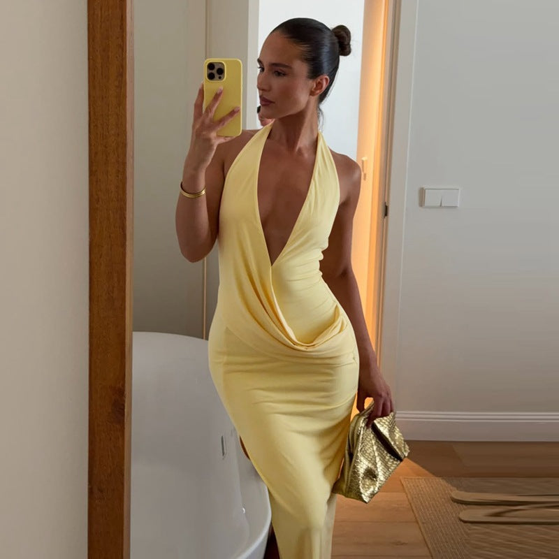 Halter Neck Deep V Backless Dress