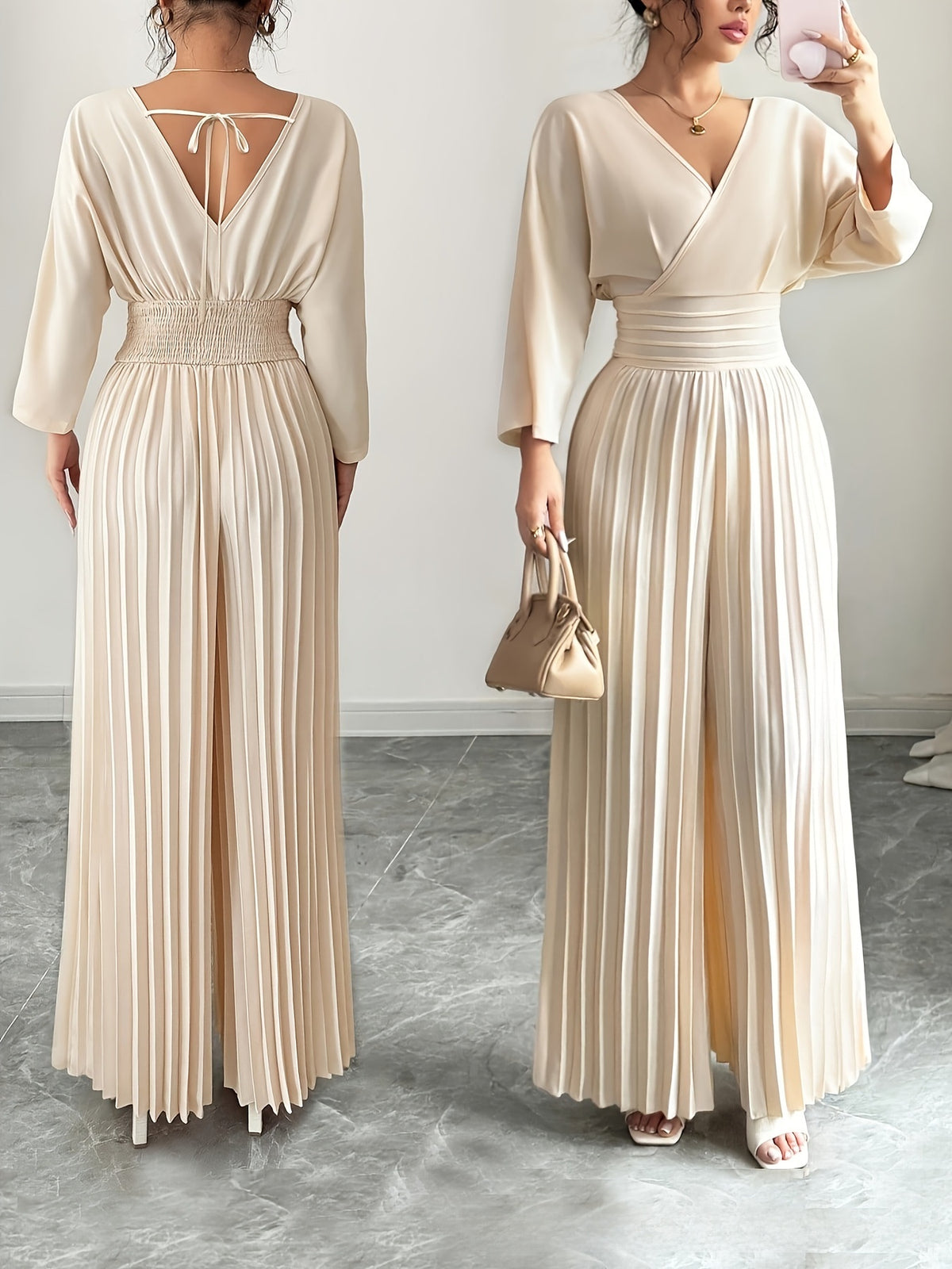Elegant V-Neck High-Waisted Pleated Jumpsuit