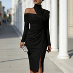 Elegant Ruched Slit Long Sleeve Dress