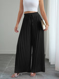 Pure Color Pleated Elastic Waist Lace-Up Loose Wide-Leg Pants