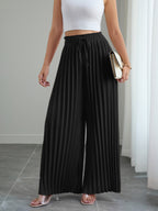 Pure Color Pleated Elastic Waist Lace-Up Loose Wide-Leg Pants