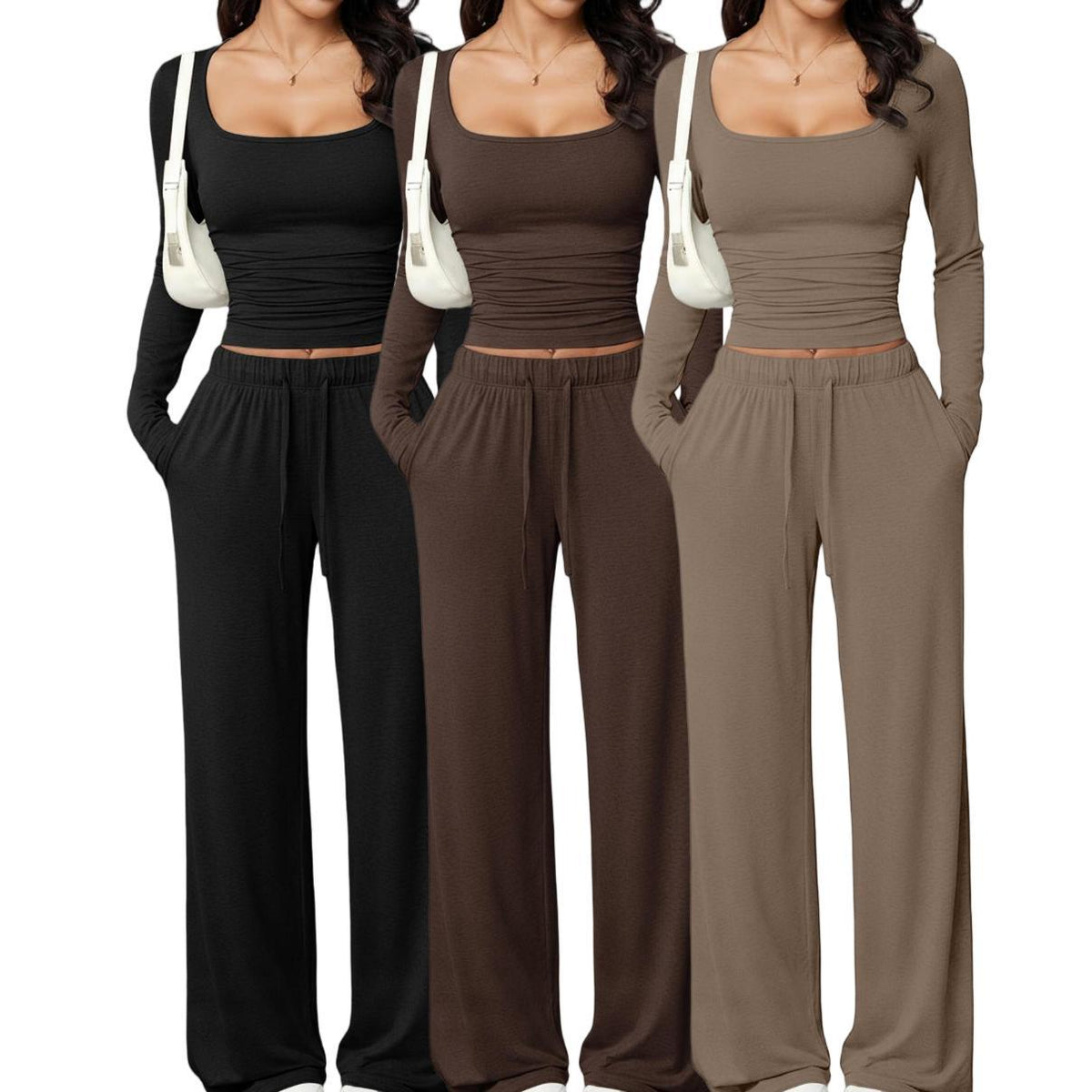 casual pants set with square-neck long-sleeve short top